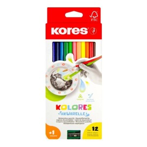 Product detail of Kores Akvarelové pastelky trojhranné 3 mm 12 barev s ořezávátkem a štětcem