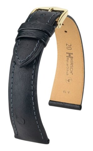 Product detail of Řemínek Hirsch Massai Ostrich - černý - 20 mm - L – Standardní délka (doporučujeme) - 16 mm - Zlatá