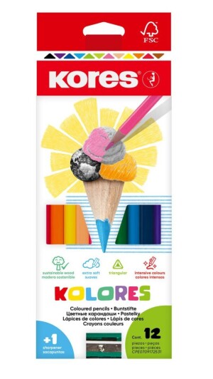 Product detail of Kores Trojhranné pastelky KOLORES 3 mm  s ořezávátkem 12 barev