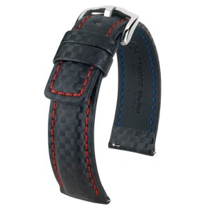 Product detail of Řemínek Hirsch Carbon - černý, červené prošití - 20 mm - L – Standardní délka (doporučujeme) - 18 mm - Stříbrná