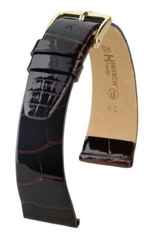 Product detail of Řemínek Hirsch Prestige Alligator - tmavě hnědý, lesk - 12 mm - M – Střední délka - 10 mm - Zlatá