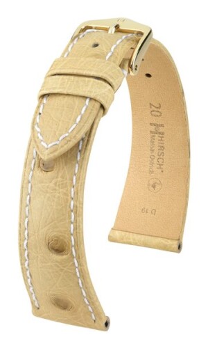 Product detail of Řemínek Hirsch Massai Ostrich - béžový, bílé prošití - 16 mm - M – Střední délka - 14 mm - Zlatá