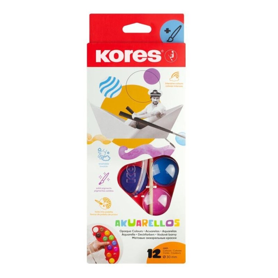 Kores Vodové barvy AKUARELLOS 30 mm x 12 barev + štětec - main (0)
