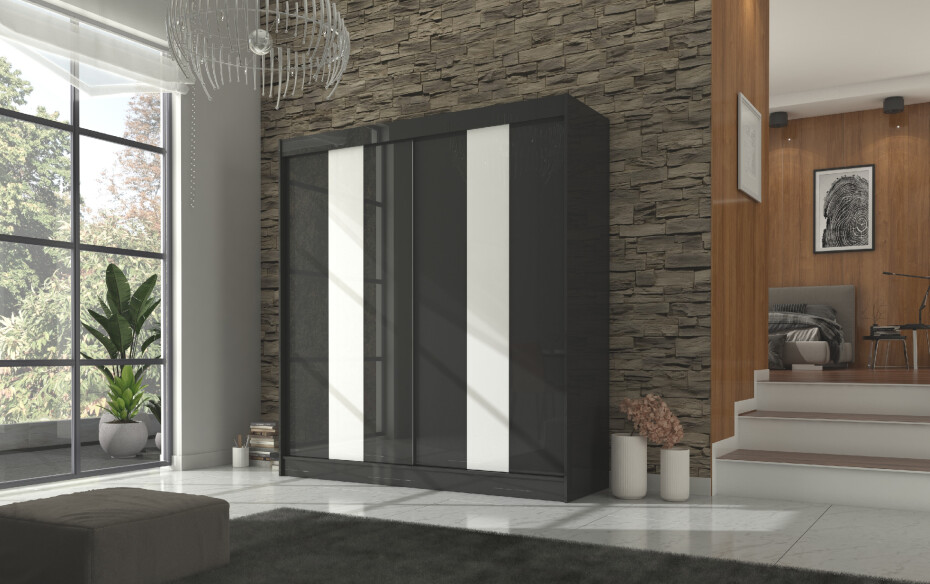 ArtAdrk Šatní skříň KAREN | 200 cm Barva: Černá/bílé pásy - main (0)