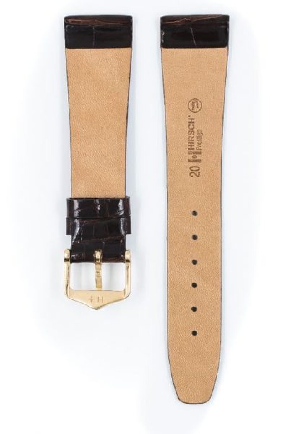 Řemínek Hirsch Prestige Alligator - tmavě hnědý, lesk - 12 mm - M – Střední délka - 10 mm - Zlatá - main (2)