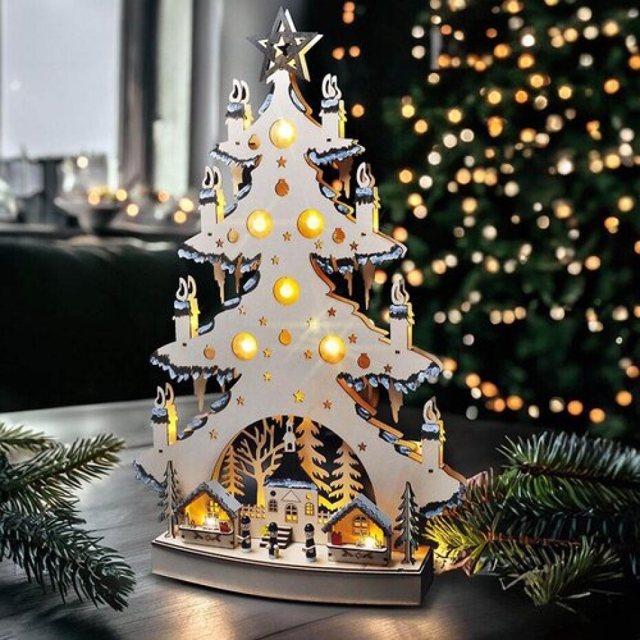 Solight LED dřevěný vánoční stromek s dekoracemi, 23x LED, 64 cm, 2x AA - main (1)