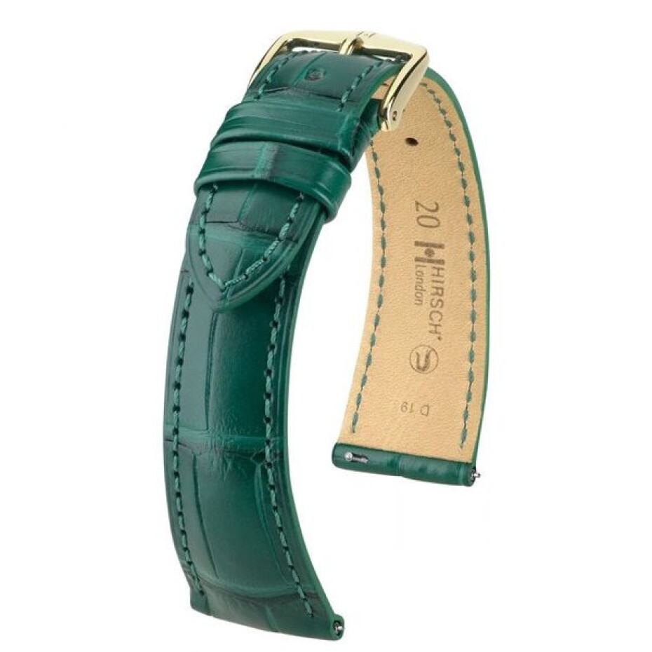 Řemínek Hirsch London Alligator - tmavě zelený, mat - 22 mm - L – Standardní délka (doporučujeme) - 18 mm - Zlatá - main (0)