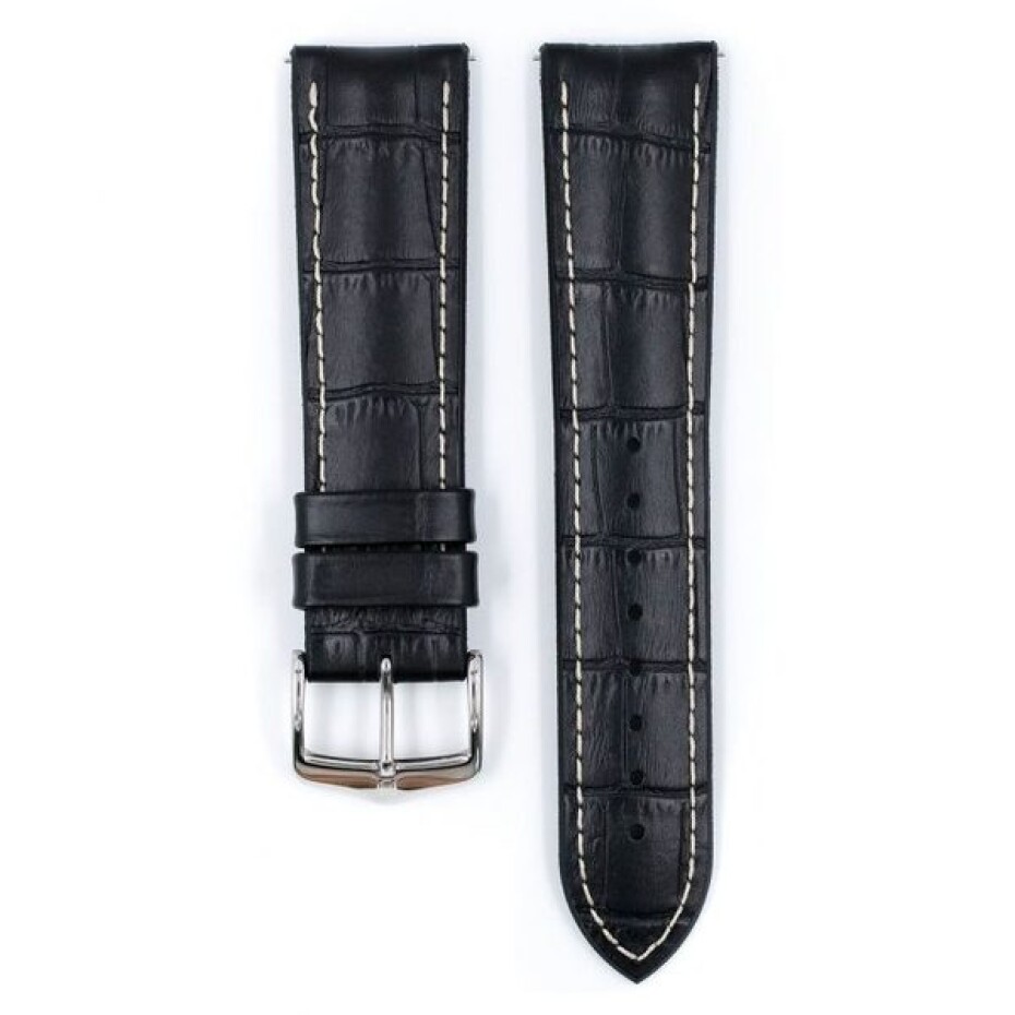 Řemínek Hirsch George - černý, bílé prošití - 24 mm - L – Standardní délka (doporučujeme) - 22 mm - Stříbrná - main (1)