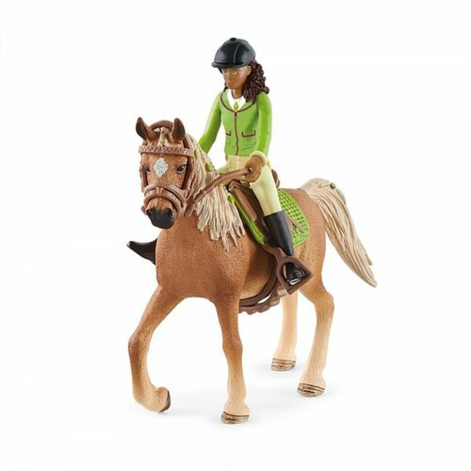 Schleich 42542 Černovláska Sarah s pohyblivými klouby na koni Mystery - main (0)