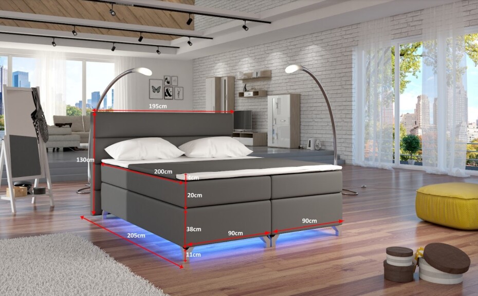 Artelta Manželská postel AMADEO Boxspring s LED osvětlením | 140 x 200 cm Barva: BAO 04 - Sawana 05 (šedá) - main (12)