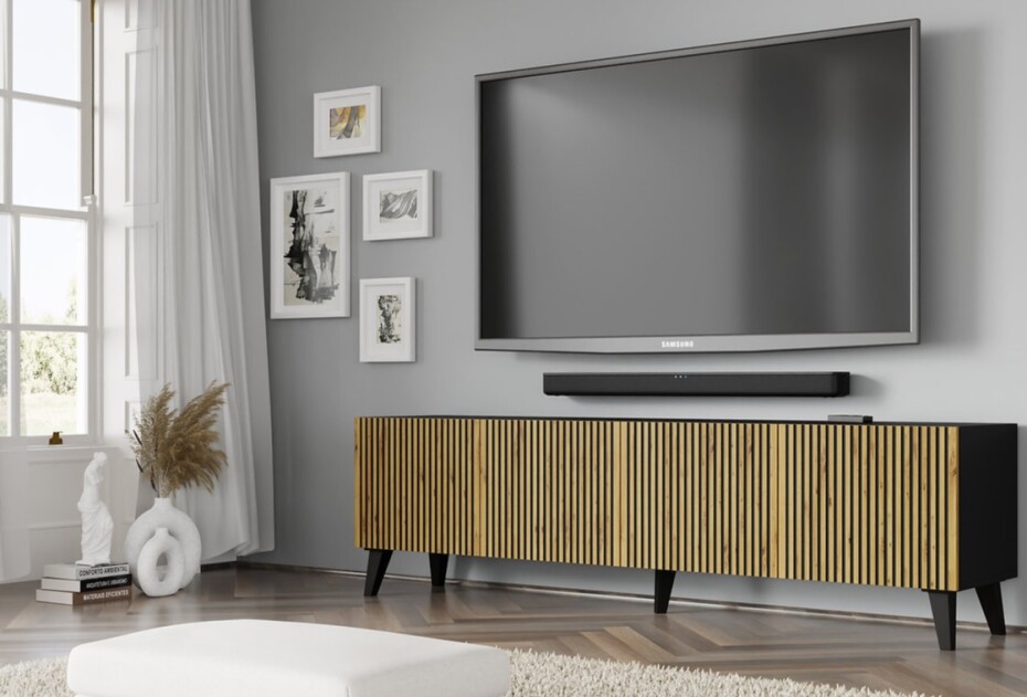 ARTBm TV stolek RAVENNA F 4D 200 | černá matná / dub artisan Provedení: Černá matná / dub artisan / zlatá podnož - main (9)