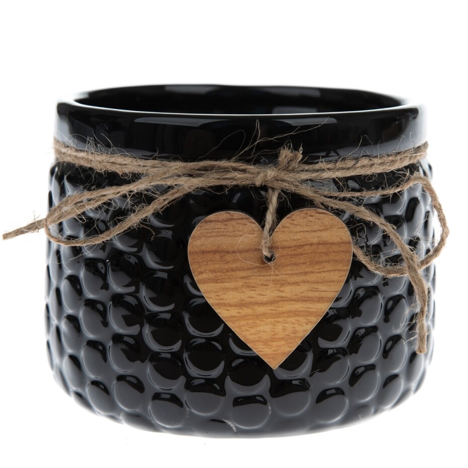 Keramický obal na květináč Wood heart černá, 8 x 11 cm - main (0)