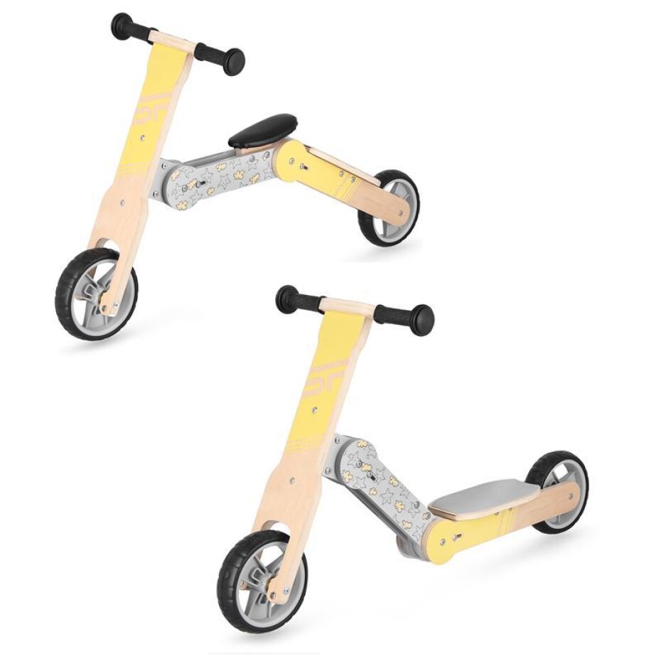 Spokey WOO-RIDE MULTI - Dřevěné dětské odrážedlo a koloběžka v jednom, žluté - main (0)