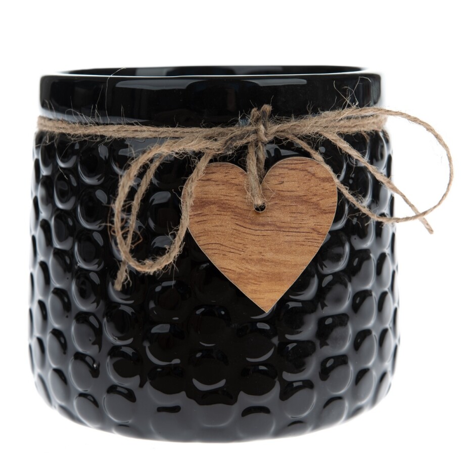 Keramický obal na květináč Wood heart černá, 12,5 x 14 cm - main (0)