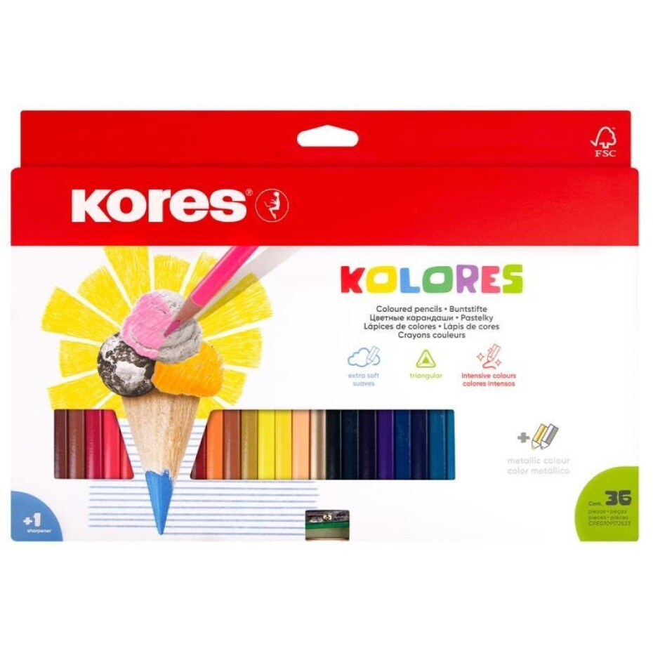 KOLORES, trojhranné pastelky 3 mm, s ořezávátkem / 36 barev / včetně 2 metalických barev - main (0)