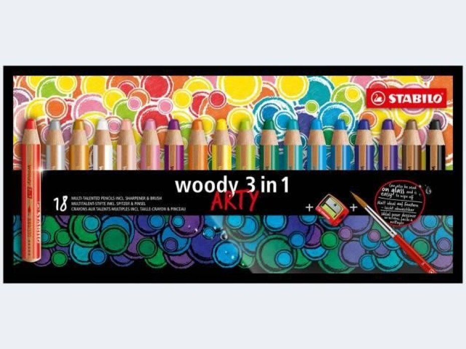 Pastelky STABILO Woody 3in1, sada 18 ks v pouzdru s ořezávátkem a štětcem &quot;ARTY&quot; - main (0)