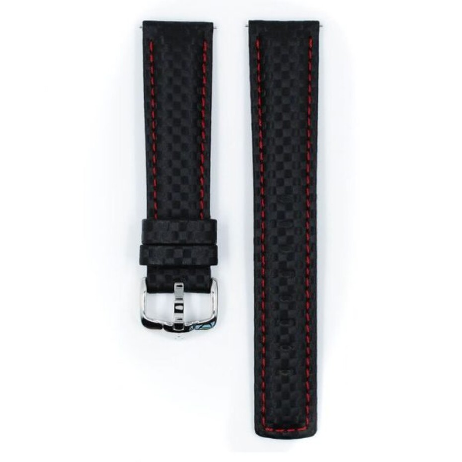 Řemínek Hirsch Carbon - černý, červené prošití - 20 mm - L – Standardní délka (doporučujeme) - 18 mm - Stříbrná - main (1)