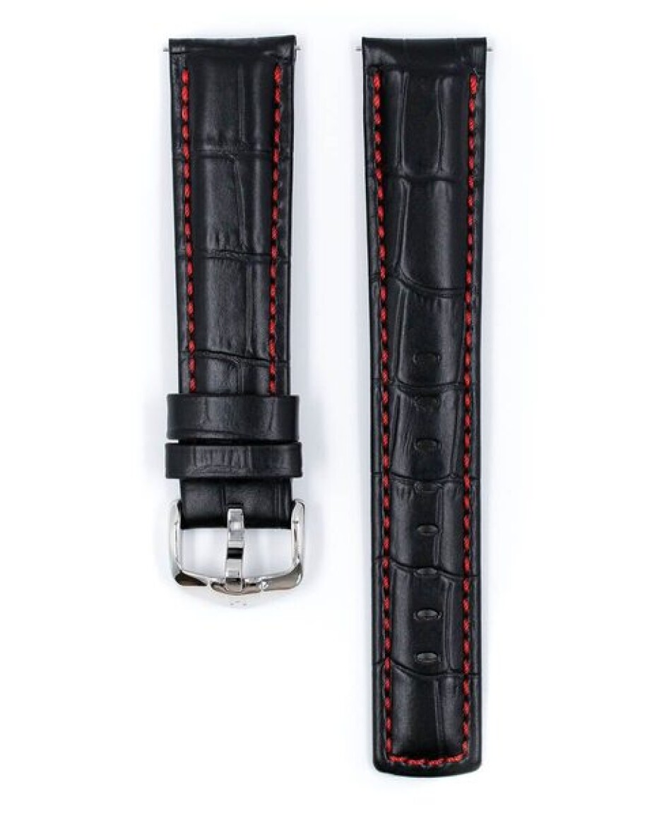 Řemínek Hirsch Grand Duke - černý, červené prošití - 24 mm - XL - Prodloužená délka - 22 mm - Stříbrná - main (1)