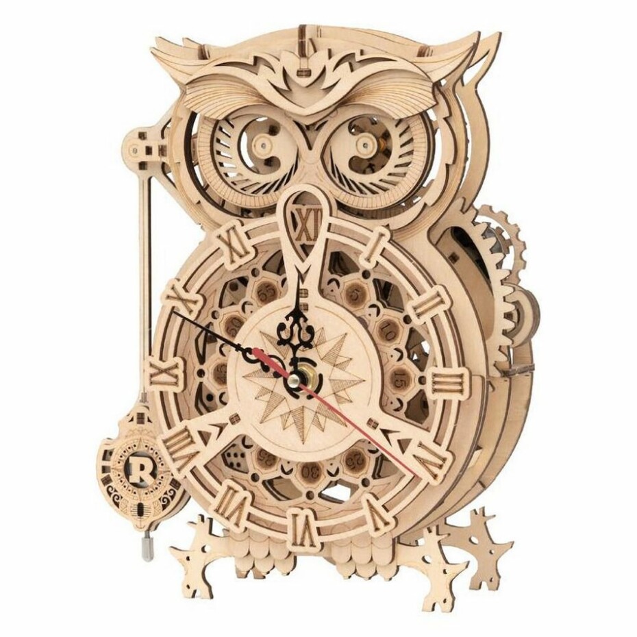 RoboTime 3D dřevěné mechanické puzzle Soví hodiny - main (1)