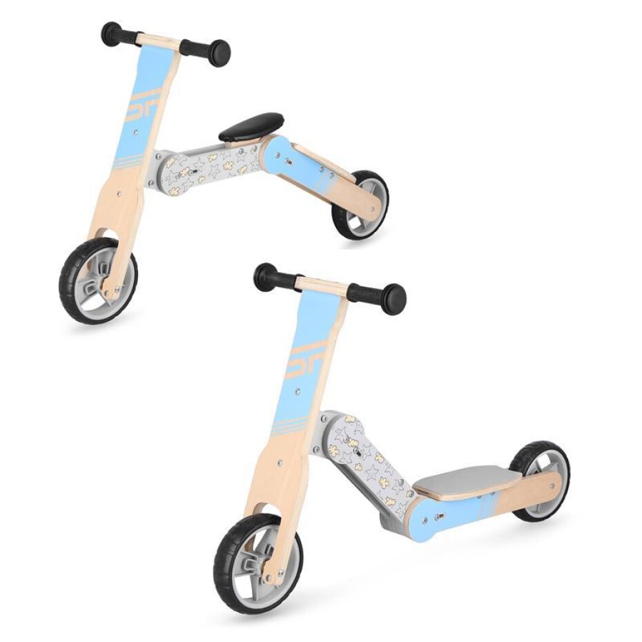 Spokey WOO-RIDE MULTI - Dřevěné dětské odrážedlo a koloběžka v jednom, modré - main (0)