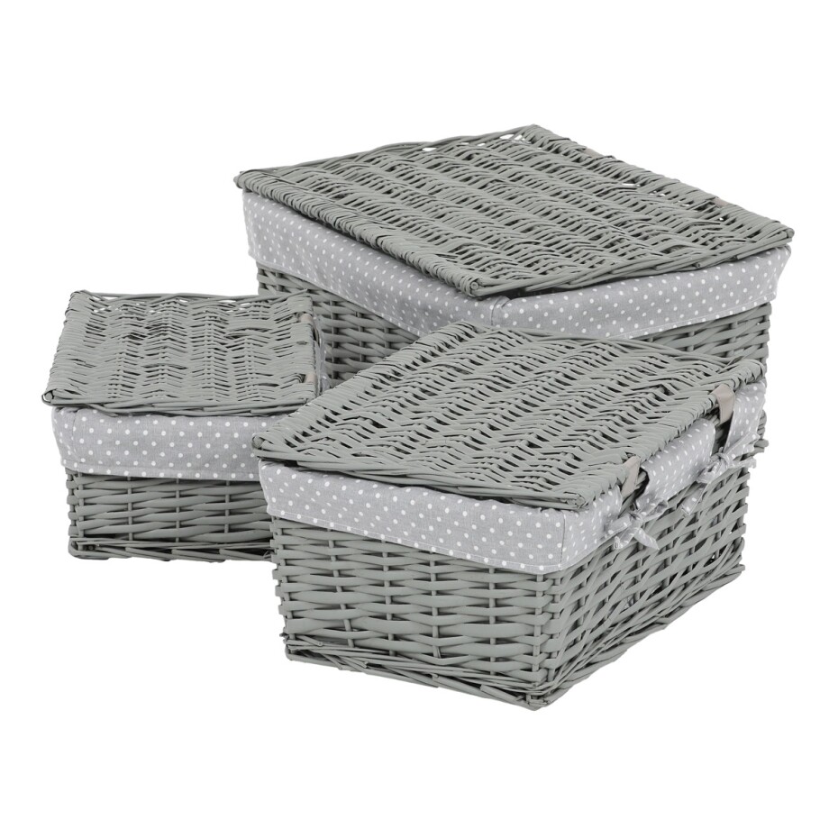 Sada proutěných košů s víkem Šedý puntík, 3 ks, 3 velikosti, 49 x 22 x 35 cm - main (2)