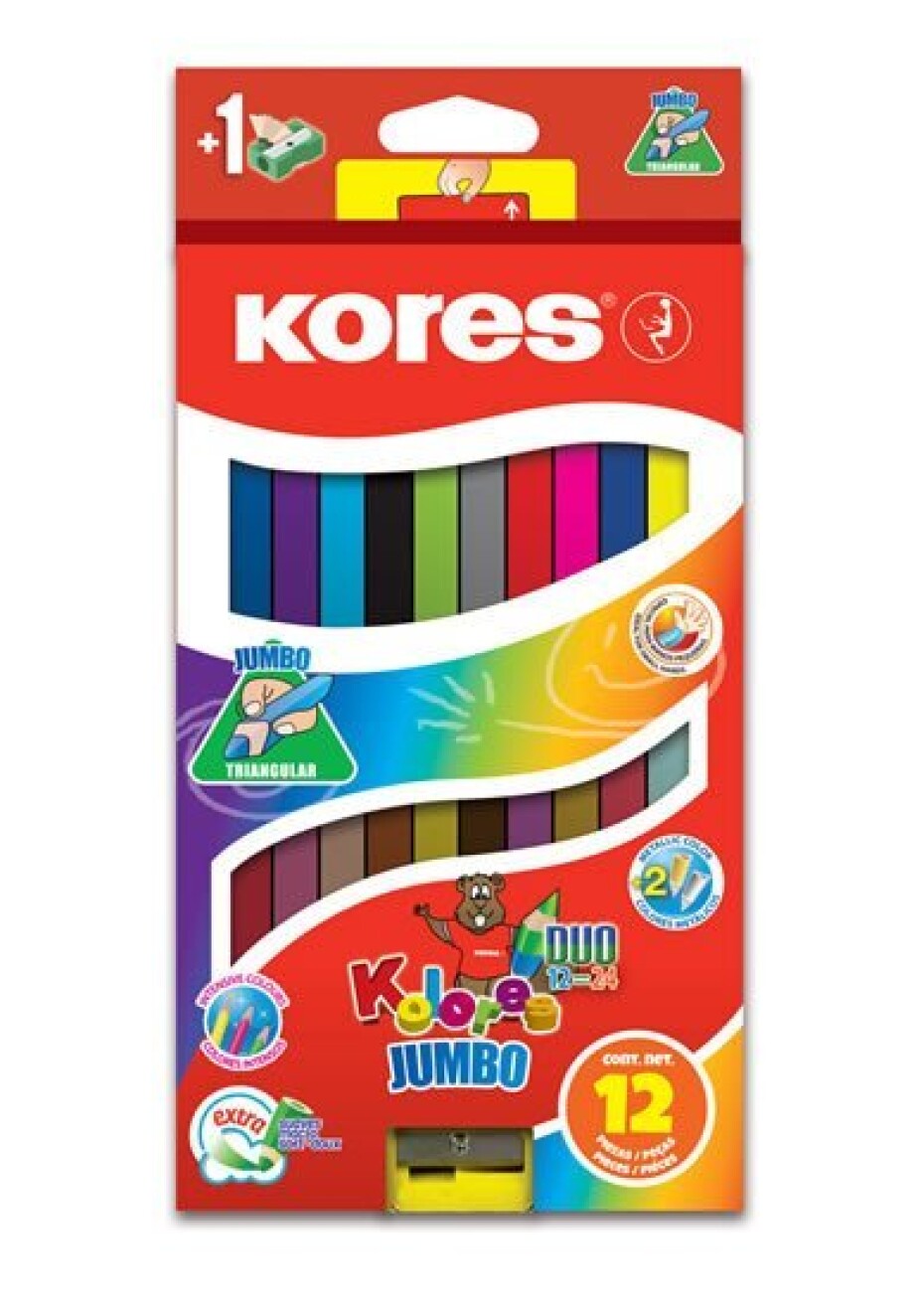 Kores Jumbo DUO trojhranné pastelky 5 mm s ořezávátkem 12 barev + 2 metalické barvy - main (0)