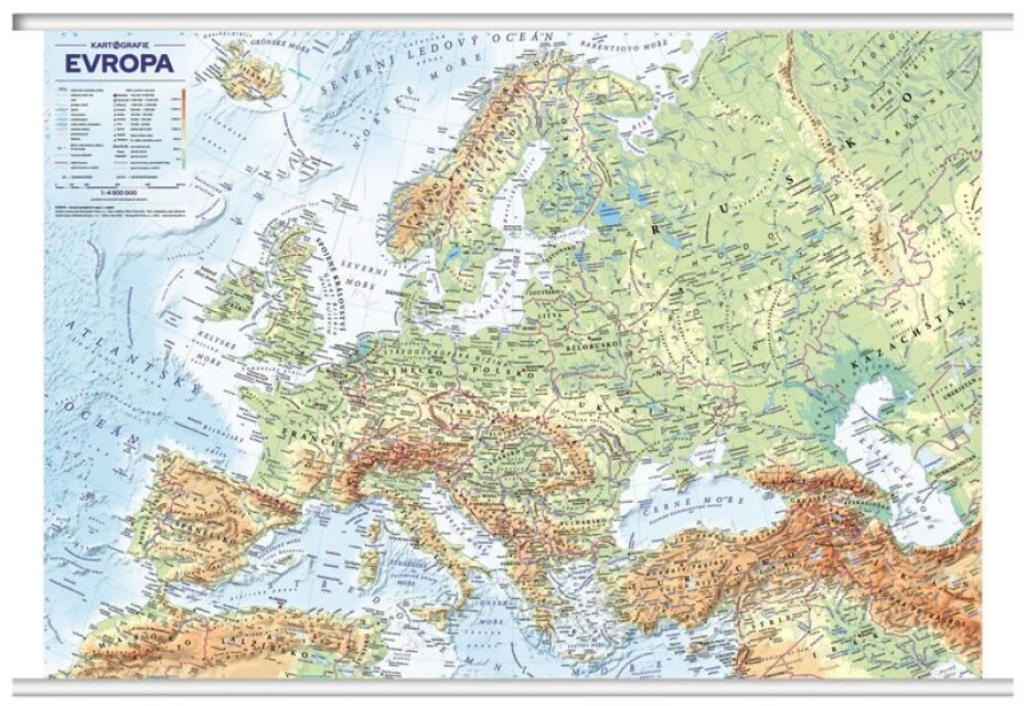 Evropa - obecně zeměpisná mapa, office, nástěnná, 1 : 4 500 000 (s lištami v tubusu) - main (0)