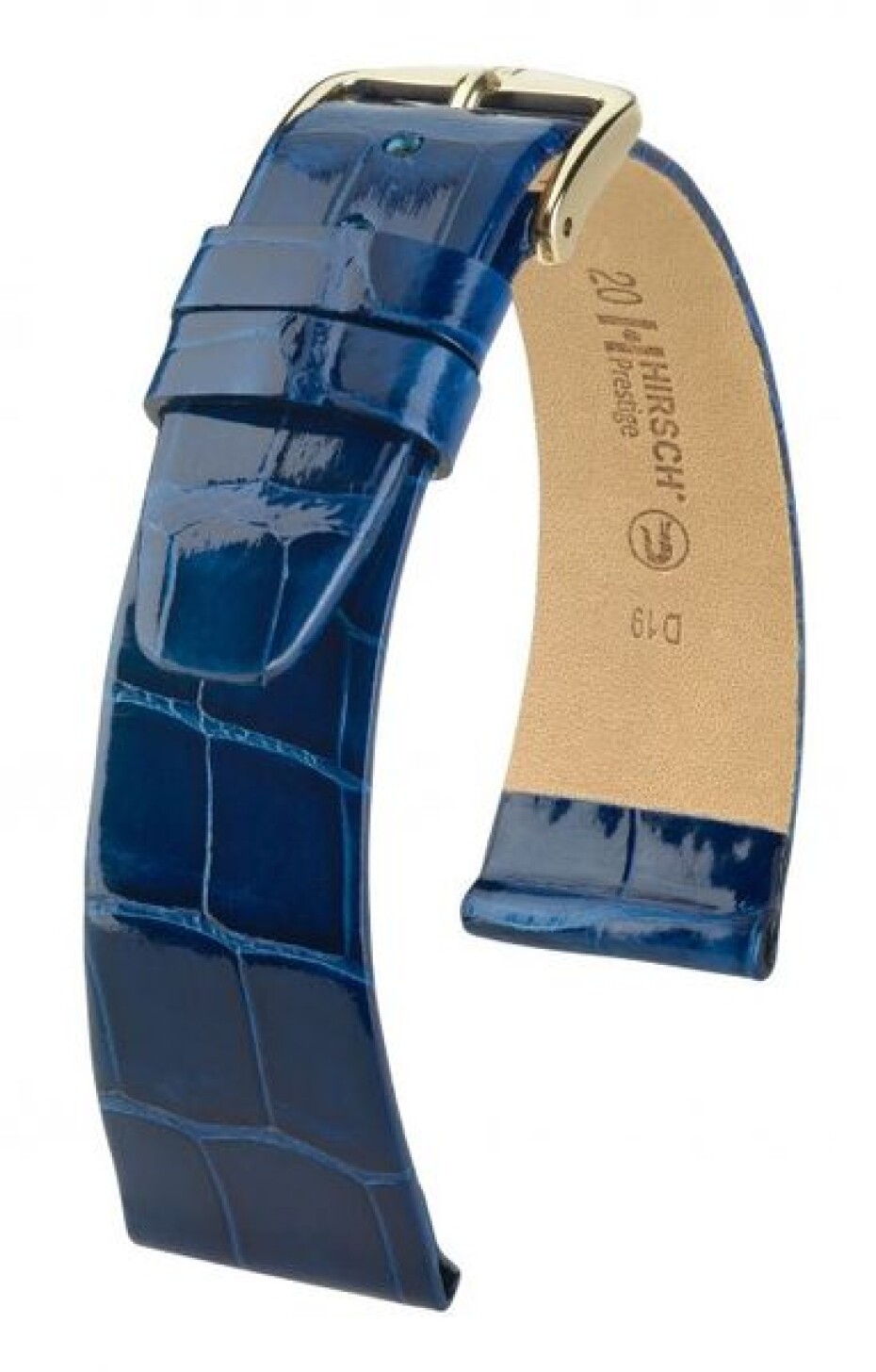 Řemínek Hirsch Prestige Alligator - modrý, lesk - 20 mm - L – Standardní délka (doporučujeme) - 16 mm - Zlatá - main (0)