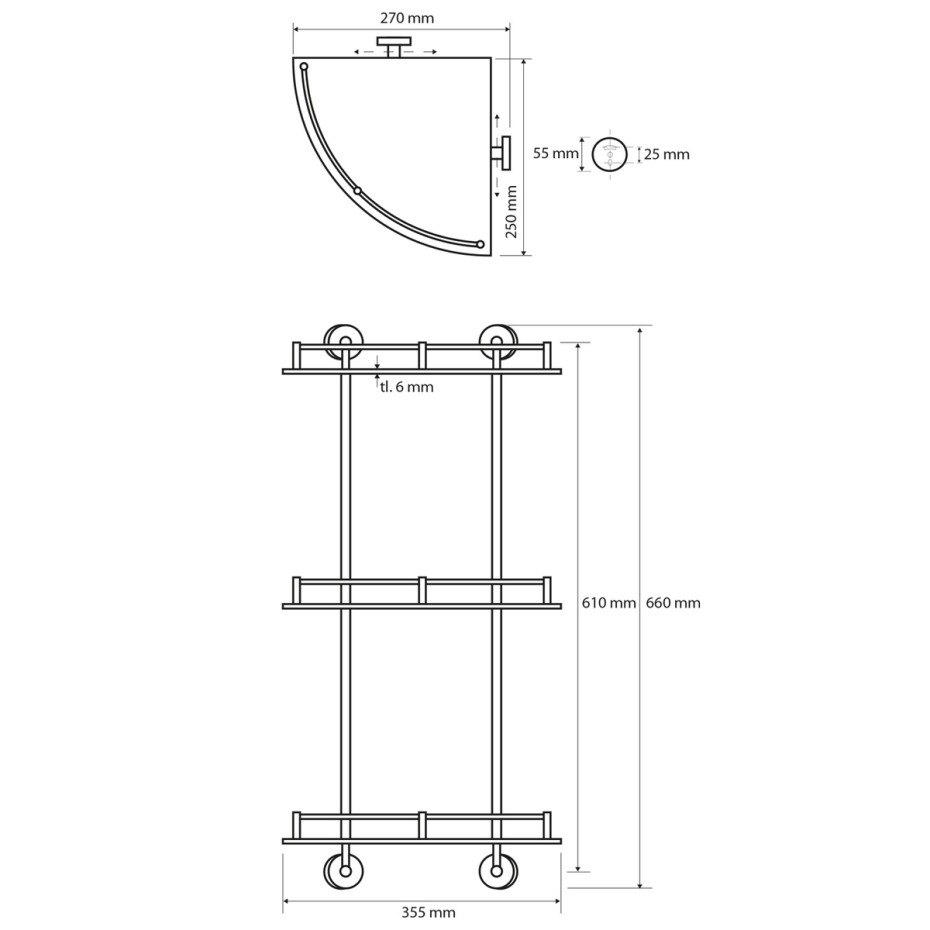 SAPHO XR606 X-Round E skl. polička roh. trojitá s hrazdou, 27 x 66 x 27 cm - main (1)
