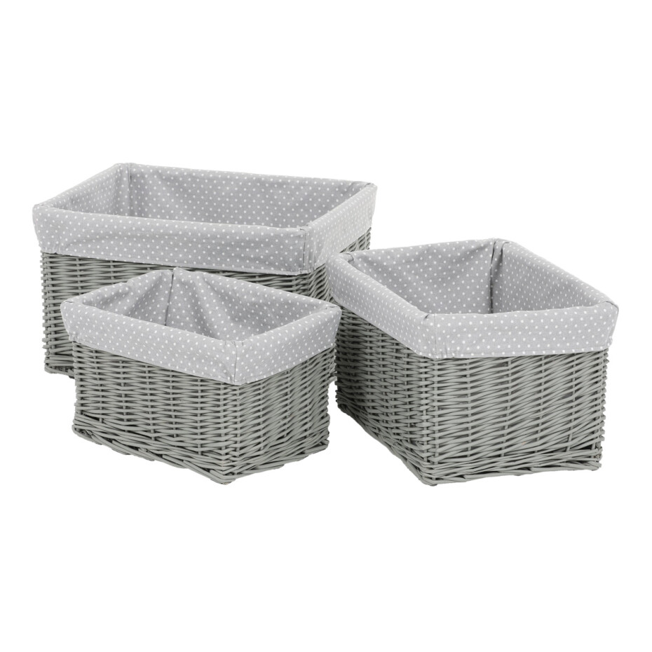 Sada proutěných regálových košů s látkou Šedý puntík, 3 ks, 3 velikosti, 48 x 25 x 39 cm - main (1)