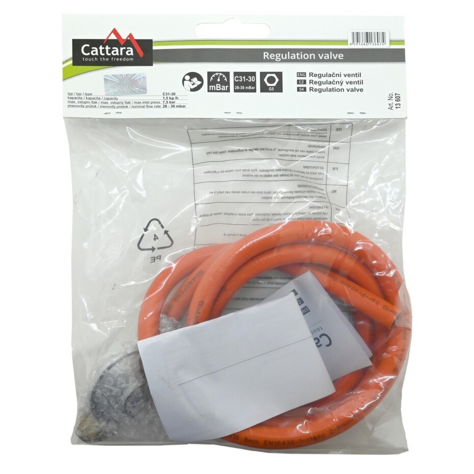 Cattara 13607 Plynový regulátor tlaku 30 mbar EN16129 s hadicí 1,5 m - main (3)