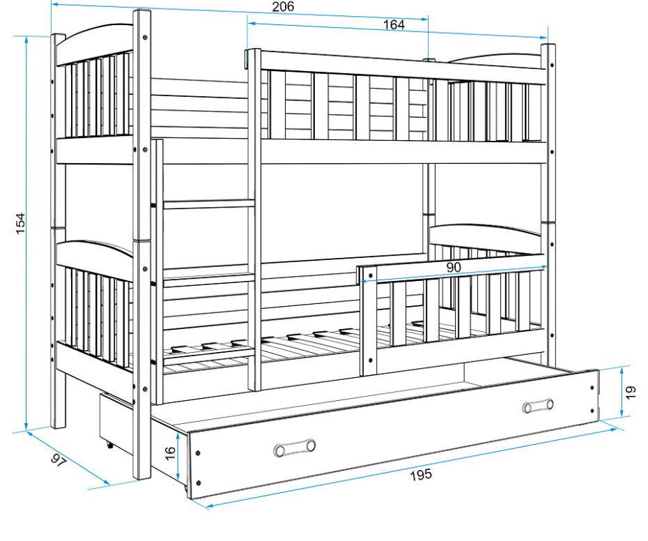 BMS Dětská patrová postel KUBUŠ | borovice 90 x 200 cm Barva: Borovice / růžová, Rozměr: 200 x 90 cm - main (10)