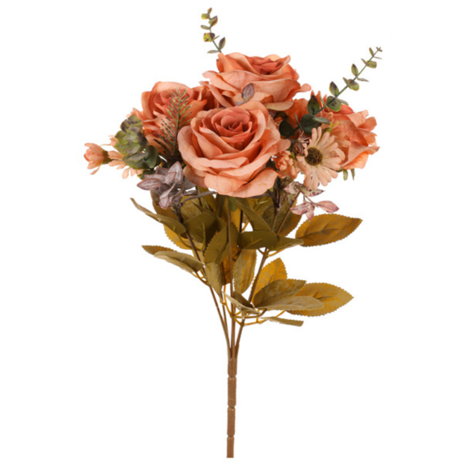 Umělá kytice Růže s eukalyptem oranžová, 35 cm - main (0)