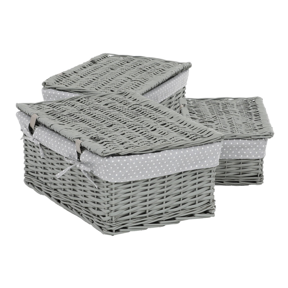 Sada proutěných košů s víkem Šedý puntík, 3 ks, 3 velikosti, 49 x 22 x 35 cm - main (4)