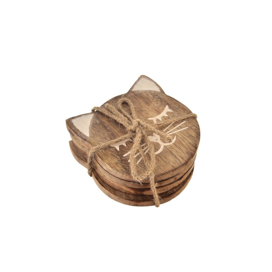 InDecor Podtácky z mangového dřeva Kočka 4 ks, 10 x 11 x 1 cm - main (0)