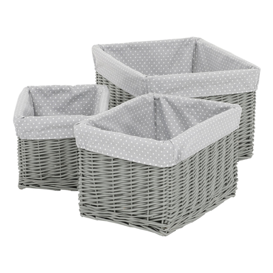 Sada proutěných regálových košů s látkou Šedý puntík, 3 ks, 3 velikosti, 48 x 25 x 39 cm - main (2)