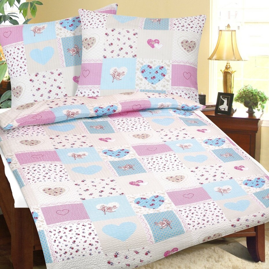 Bellatex Krepové povlečení Srdce modro-růžová, 140 x 220 cm, 70 x 90 cm - main (0)