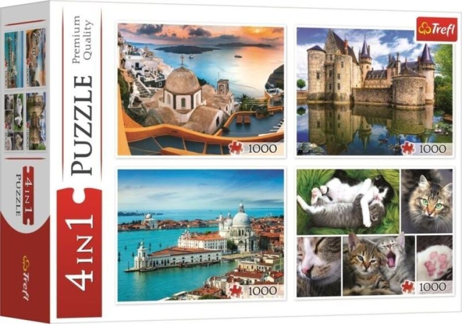 Puzzle Santorini, Benátky, Zámek Sully-sur-Loire a Kočky 4x1000 dílků - main (0)