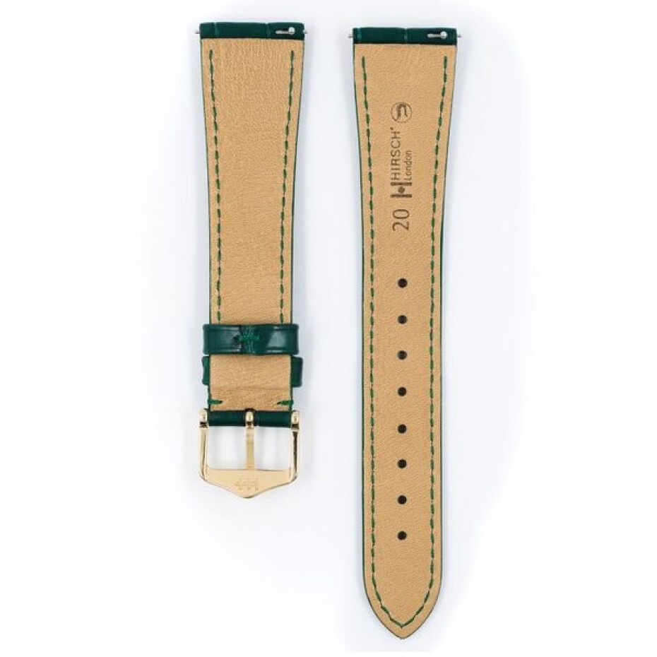 Řemínek Hirsch London Alligator - tmavě zelený, mat - 22 mm - L – Standardní délka (doporučujeme) - 18 mm - Zlatá - main (1)