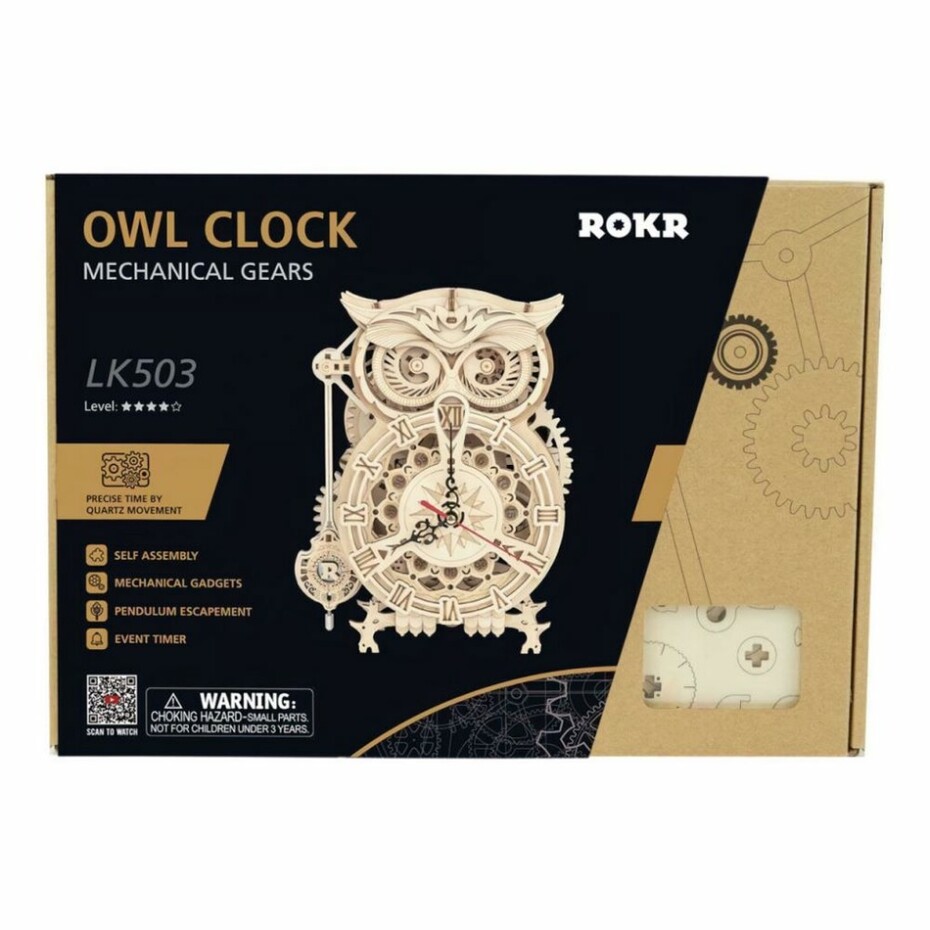 RoboTime 3D dřevěné mechanické puzzle Soví hodiny - main (4)