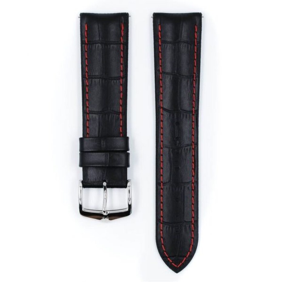 Řemínek Hirsch George - černý, červené prošití - 24 mm - L – Standardní délka (doporučujeme) - 22 mm - Stříbrná - main (1)