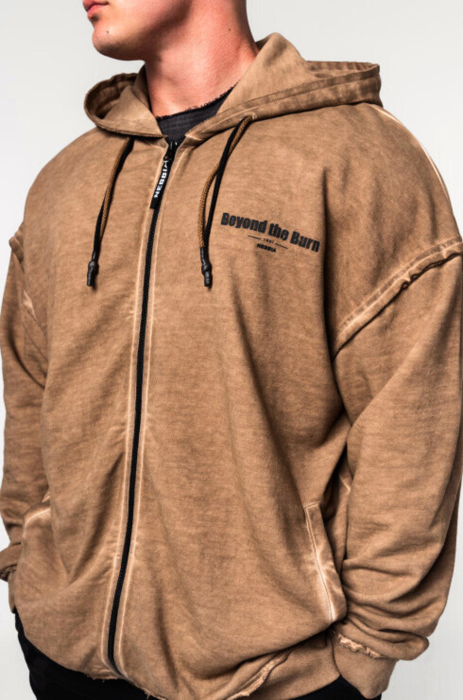 Pánská mikina Nebbia  Washed-off Zip Up Hoodie GYM BRO Light Brown M - main (4)