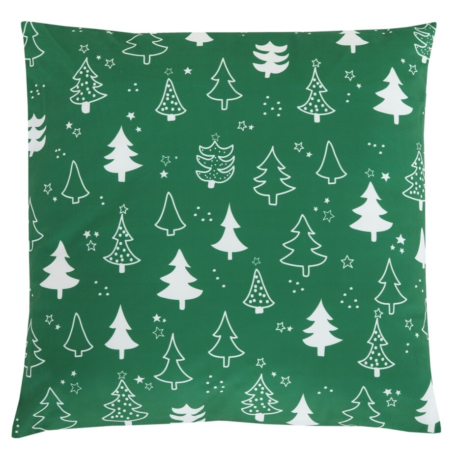 Polštář sametový s výplní, zelený -  bílé stromky, 100% polyester, 45 x 45 cm. - main (0)
