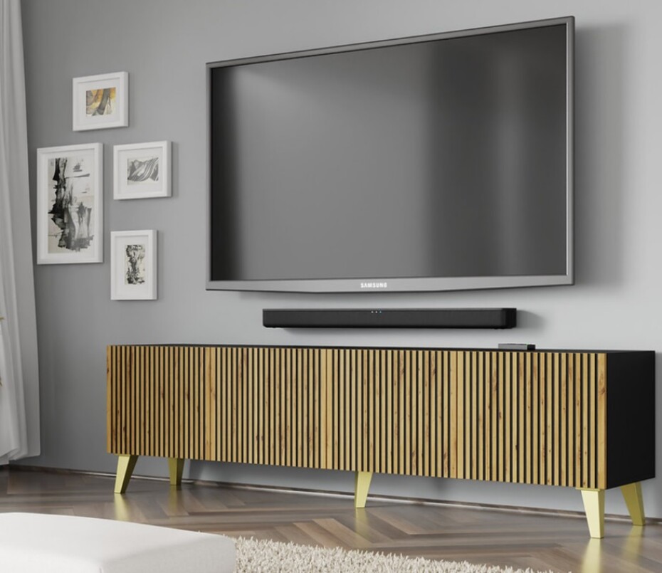 ARTBm TV stolek RAVENNA F 4D 200 | černá matná / dub artisan Provedení: Černá matná / dub artisan / zlatá podnož - main (8)