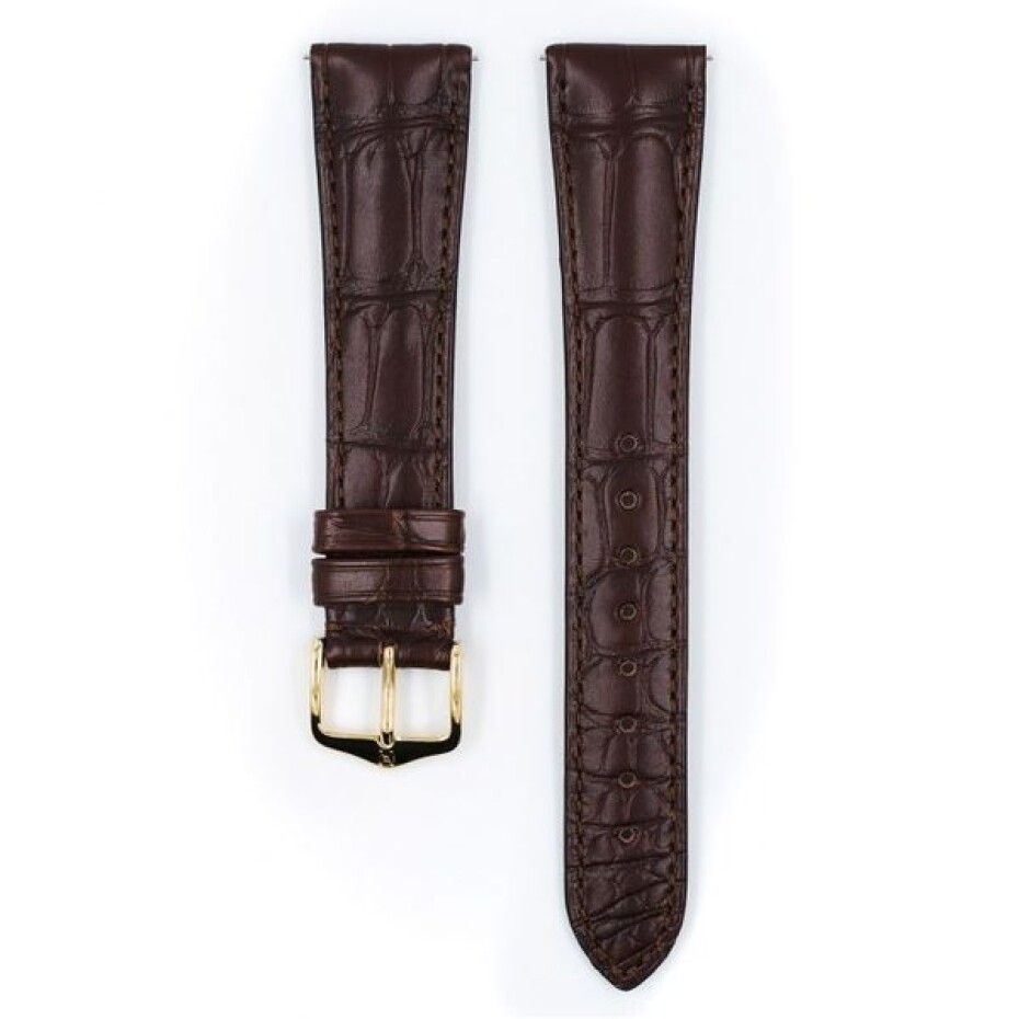 Řemínek Hirsch London Alligator (NO QR) - hnědý, mat - 18 mm - L – Standardní délka (doporučujeme) - 16 mm - Zlatá - main (1)