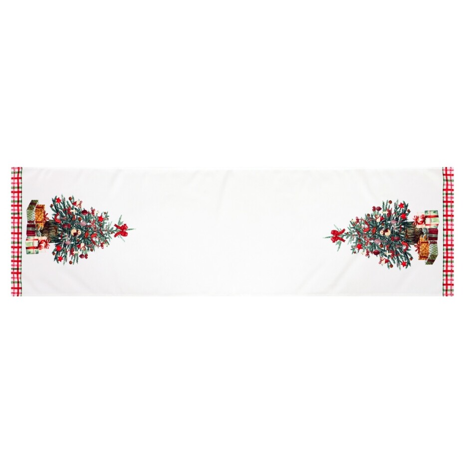 Běhoun bílý - okraje s vánočním stromkem, 100% polyester, 40 x 150 cm. - main (0)