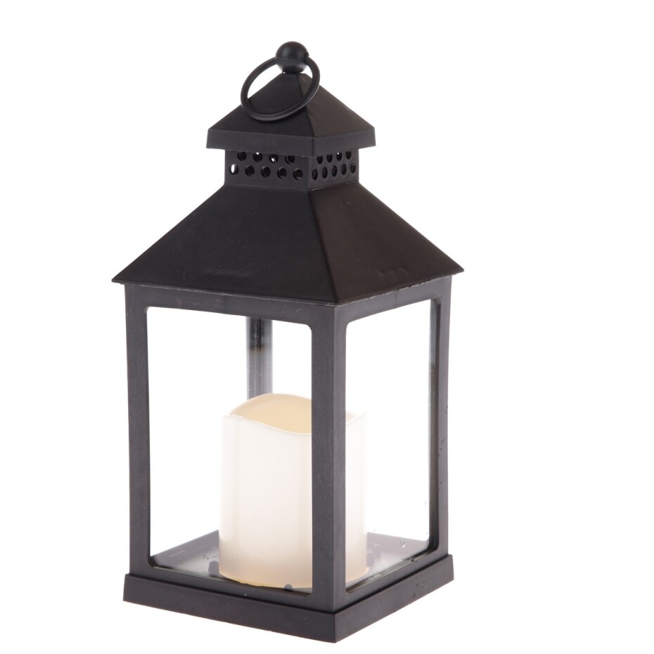 Lucerna s LED svíčkou Vintage černá, 10 x 20 x 10 cm, teplá bílá, plast - main (0)