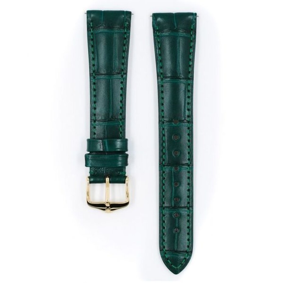 Řemínek Hirsch London Alligator - tmavě zelený, mat - 22 mm - L – Standardní délka (doporučujeme) - 18 mm - Zlatá - main (2)