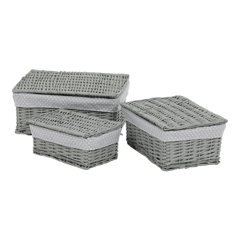 Sada proutěných košů s víkem Šedý puntík, 3 ks, 3 velikosti, 49 x 22 x 35 cm - main (1)