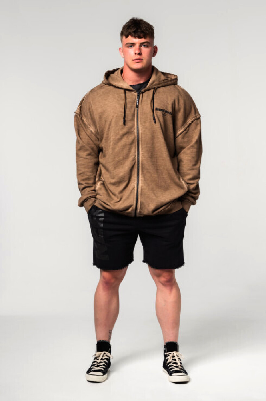 Pánská mikina Nebbia  Washed-off Zip Up Hoodie GYM BRO Light Brown M - main (3)